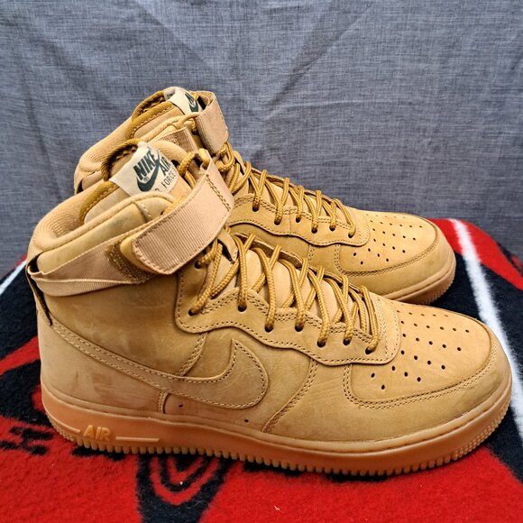 Size 9.5 Women’s NIKE AIR FORCE 1 HI HIGH PREMIUM PRM FLAX-WHEAT 654440-200 2016 - Picture 2 of 13